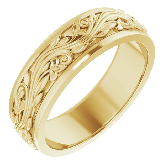 14K Yellow Solid Gold 5mm-7mm Floral Inlay Flat Band Ring - Deloure Jewelers LLC