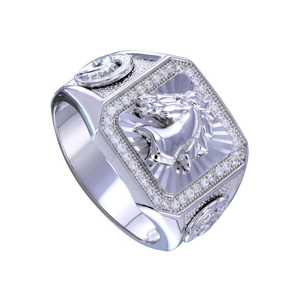 Rhodium Plated 925 Sterling Silver Men's Stallion Statement CZ Ring - Deloure Jewelers LLC
