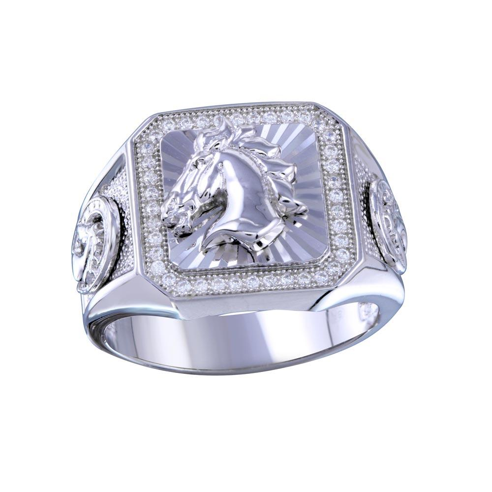 Rhodium Plated 925 Sterling Silver Men's Stallion Statement CZ Ring - Deloure Jewelers LLC