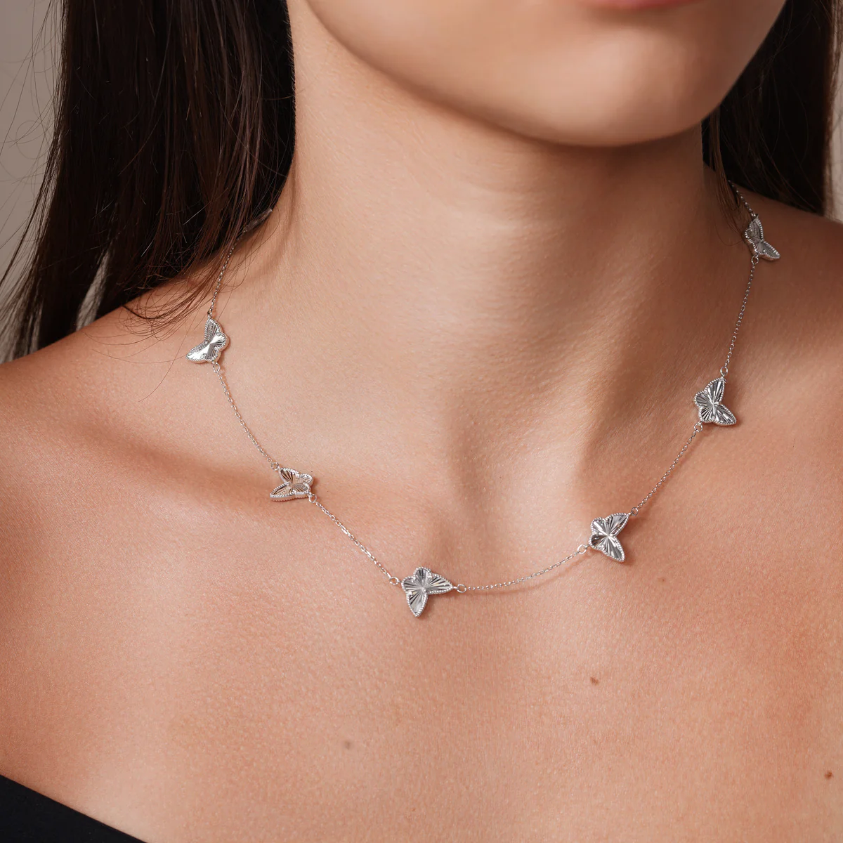Rhodium Plated 925 Sterling Silver Diamond Cut Multiple Butterfly Charm Adjustable Necklace - Deloure Jewelers LLC