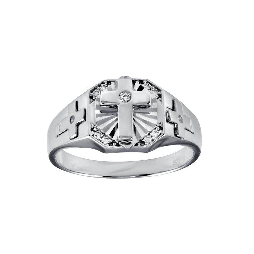 Rhodium Plated 925 Sterling Silver Cross CZ Ring - Deloure Jewelers LLC