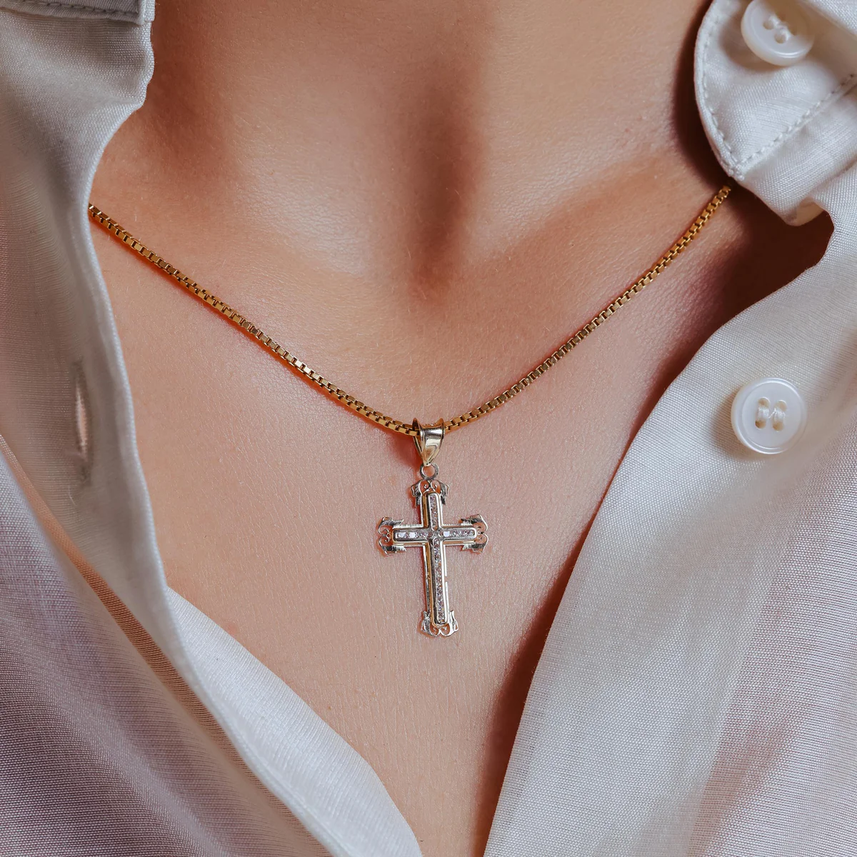 14K Yellow Gold Beaded Cross Clear CZ Pendant - Deloure Jewelers LLC