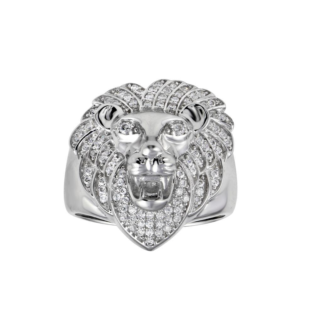 Rhodium Plated 925 Sterling Silver Lion CZ Ring - Deloure Jewelers LLC