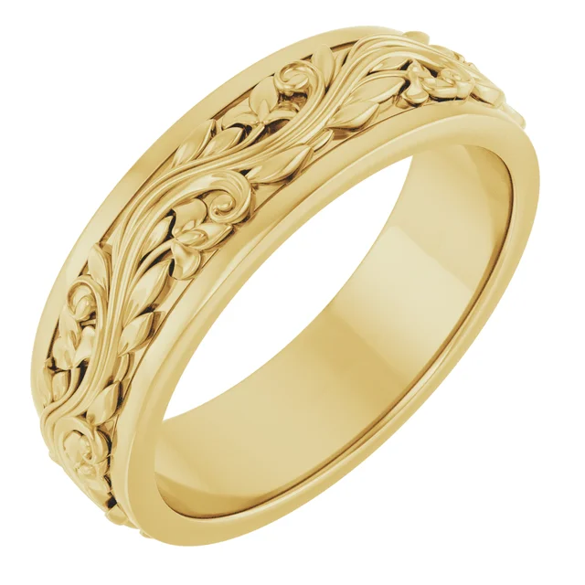 14K Yellow Solid Gold 5mm-7mm Floral Inlay Flat Band Ring