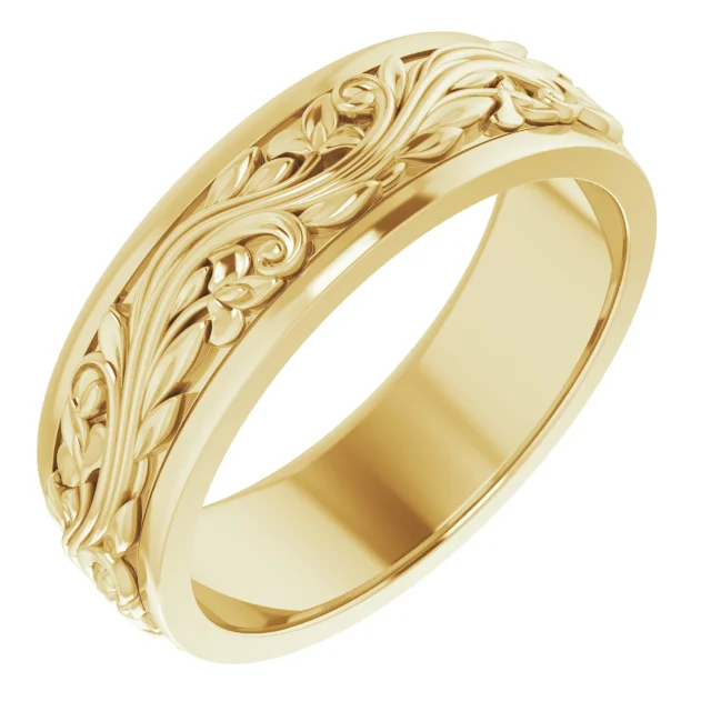 14K Yellow Solid Gold 5mm-7mm Floral Inlay Flat Band Ring