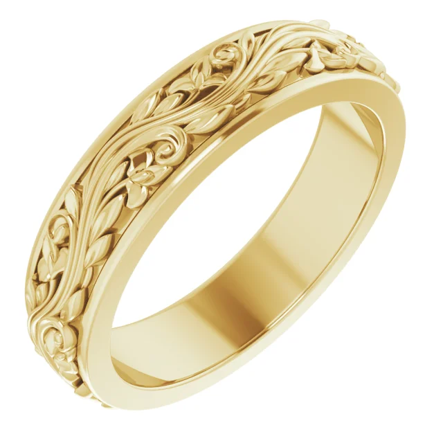 14K Yellow Solid Gold 5mm-7mm Floral Inlay Flat Band Ring