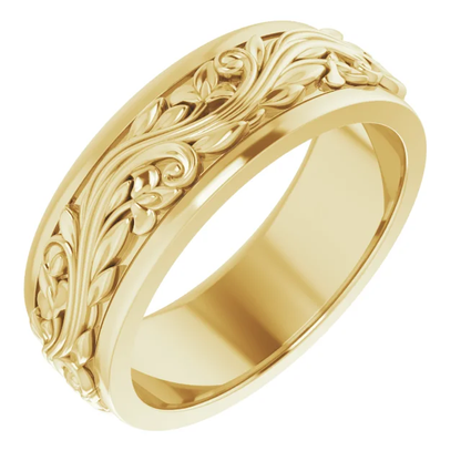 14K Yellow Solid Gold 5mm-7mm Floral Inlay Flat Band Ring