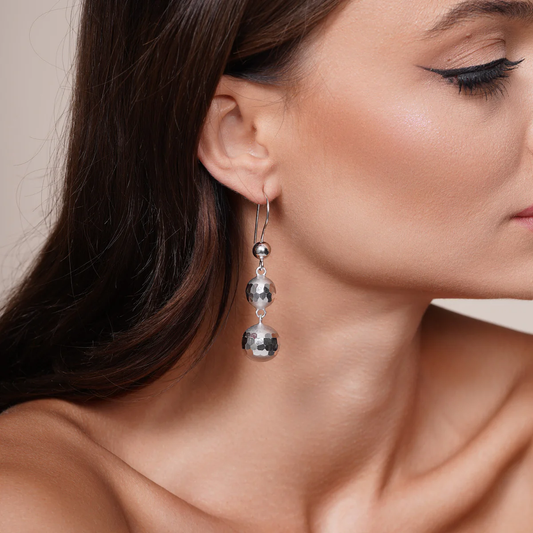 Rhodium Plated 925 Sterling Silver Graduated Round Faceted Bead Earrings - Deloure Jewelers LLC