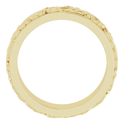 14K Yellow Solid Gold 5mm-7mm Floral Inlay Flat Band Ring