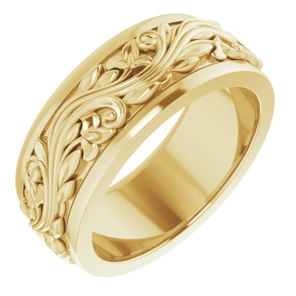 14K Yellow Solid Gold 5mm-7mm Floral Inlay Flat Band Ring