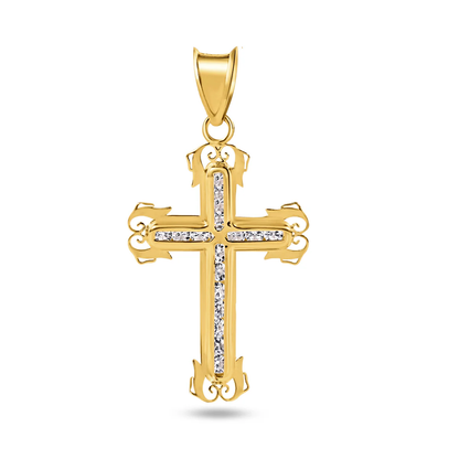14K Yellow Gold Beaded Cross Clear CZ Pendant - Deloure Jewelers LLC