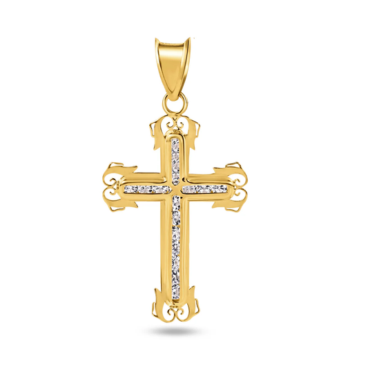 14 Karat Yellow Gold Beaded Cross Clear CZ Pendant