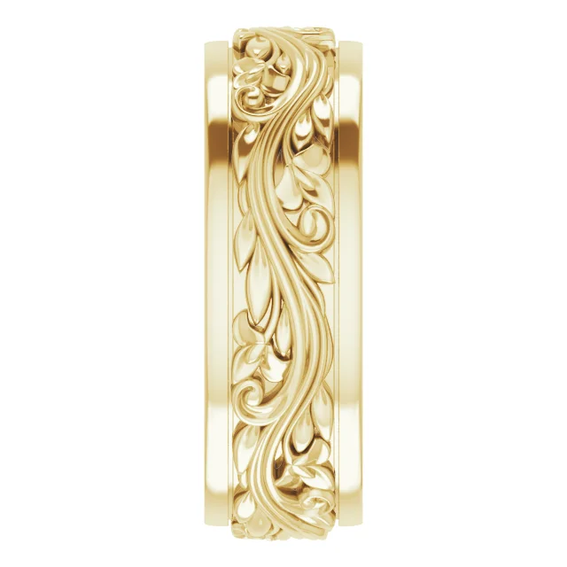 14K Yellow Solid Gold 5mm-7mm Floral Inlay Flat Band Ring