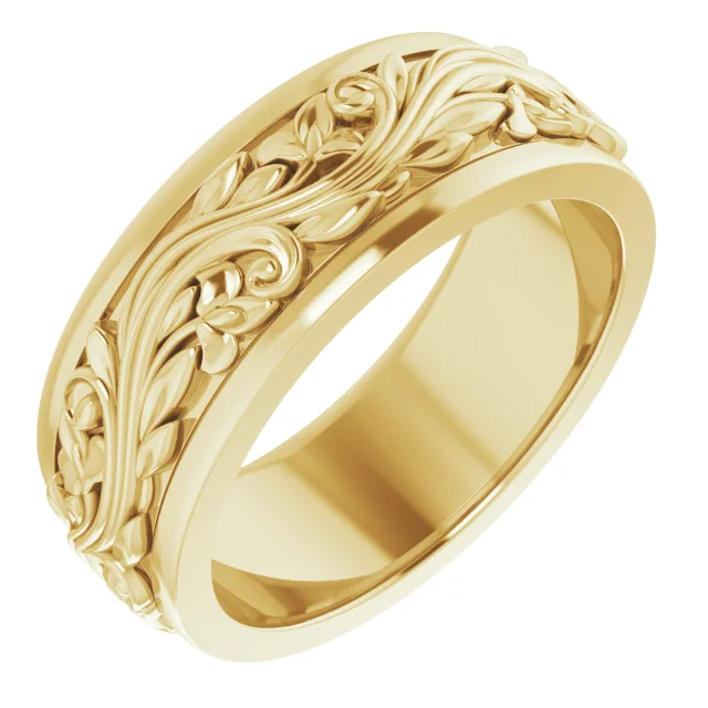 14K Yellow Solid Gold 5mm-7mm Floral Inlay Flat Band Ring