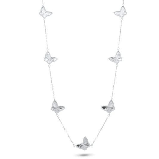 Rhodium Plated 925 Sterling Silver Diamond Cut Multiple Butterfly Charm Adjustable Necklace - Deloure Jewelers LLC