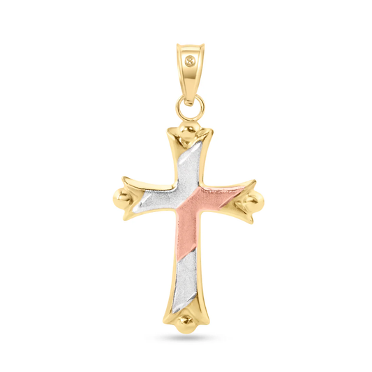 14 Karat Yellow Gold Tri Color 2-Sided Patterned Hollow Tube Cross Pendant - Deloure Jewelers LLC