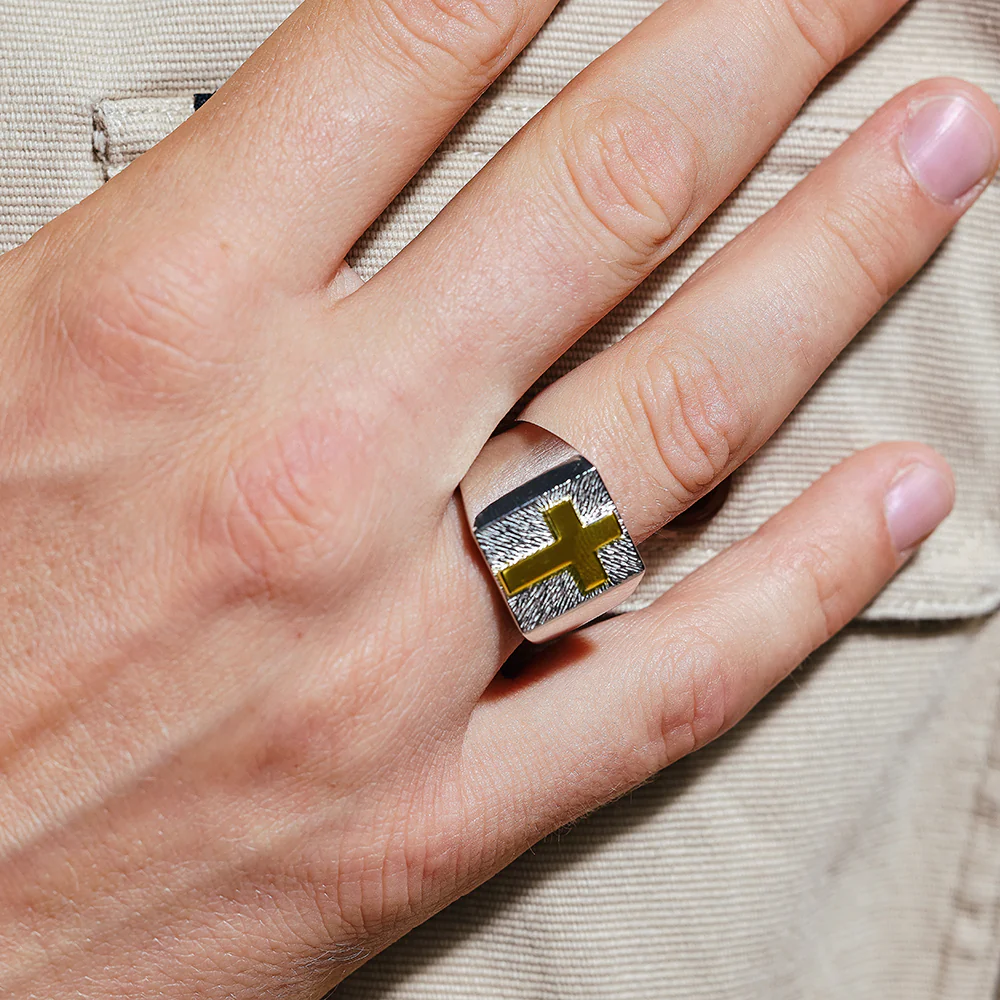 Two-Tone 925 Sterling Silver Men's Cross Ring - Deloure Jewelers LLC
