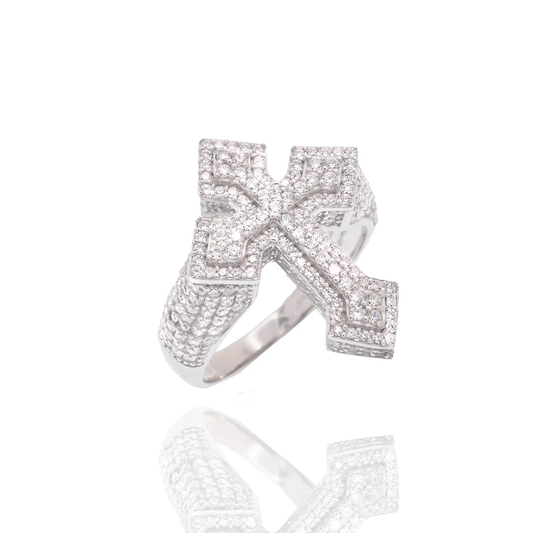 Rhodium Plated 925 Sterling Silver Men's Iced Out Cross Pave CZ Statement Ring - Deloure Jewelers LLC