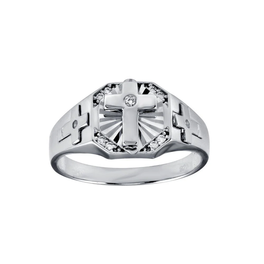 Rhodium Plated 925 Sterling Silver Cross CZ Ring - Deloure Jewelers LLC